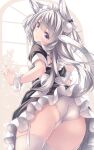  1girl animal_ears blush cat_ears cat_tail from_behind garter_straps grey_hair highres long_hair looking_at_viewer maid original panties purple_eyes ryo_(botugo) solo tail thighhighs underwear white_panties white_thighhighs wrist_cuffs 