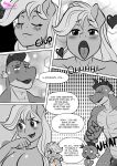  anthro anthrofied applejack_(mlp) big_breasts blush bodily_fluids breasts comic dialogue dragon duo english_text equid equine female friendship_is_magic genitals hasbro hi_res horse male mammal monochrome muscular muscular_male my_little_pony nude open_mouth penis pia-sama pony scalie speech_bubble spike_(mlp) swallowing sweat text tongue tongue_out 