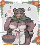  &lt;3 absurd_res anthro bear biped blush breasts brown_body brown_fur cleavage clothed clothing eyes_closed female flower food fur hand_on_hip hi_res hood mama_mellow_(anotherbearsimp) mammal mature_anthro mature_female moril open_mouth pawpads plant smile solo soup 