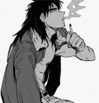  1boy abs absurdres belt cigarette commentary_request cowboy_shot greyscale highres holding holding_cigarette inudori itou_kaiji jacket jacket_on_shoulders kaiji long_hair long_sleeves looking_up male_focus medium_bangs monochrome nipples no_shirt open_mouth pants profile simple_background smoking solo 