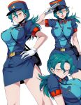  1girl bag belt between_breasts blue_shirt blue_skirt breasts cowboy_shot gloves green_hair hair_between_eyes highres jenny_(pokemon) looking_at_viewer low_ponytail multiple_views no_headwear pokemon police police_uniform policewoman red_eyes shimure_(460) shirt short_sleeves shoulder_bag skirt star_(symbol) strap_between_breasts uniform white_gloves 