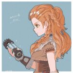  1girl 2023 aloy_(horizon) artist_name braid character_name commentary explosive freckles genshin_impact green_eyes grenade happy_birthday holding holding_grenade horizon_zero_dawn long_hair looking_at_object ominemmist orange_hair parted_lips simple_background solo upper_body 