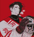  1boy black_hair black_shirt facial_hair flying_sweatdrops gloves goatee golden_kamuy hair_slicked_back helmet highres hockey_helmet hockey_mask hockey_uniform holding holding_helmet jersey looking_at_viewer male_focus mask neokira_(http_ne0) ogata_hyakunosuke open_mouth red_background red_gloves shadow shirt short_hair signature simple_background solo sweat teeth turtleneck undercut 