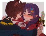  1boy 1girl alternate_costume black_eyes blush brown_hair candy commentary_request eye_contact food gegege_no_kitarou hair_ornament hairclip hand_grab hetero highres kitarou little_red_riding_hood lollipop looking_at_another nekomusume nekomusume_(gegege_no_kitarou_6) purple_hair side_ponytail silanduqiaocui undressing_another wolf_boy yellow_eyes 