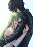  1boy 1girl absurdres asuna_(sao) asuna_(sao)_(cosplay) bare_shoulders black_gloves black_hair black_jacket blush budgiepon c.c. closed_eyes code_geass collar commentary cosplay couple eyelashes from_side gloves green_hair hair_between_eyes hetero highres hug jacket kirito kirito_(cosplay) lelouch_vi_britannia light_particles long_sleeves shirt short_hair sidelocks simple_background spiked_hair sword_art_online upper_body white_background white_collar white_shirt 