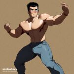  1boy abs artist_name bara black_hair blue_pants blush clenched_hand closed_mouth highres large_pectorals lucas_lee male_focus muscular muscular_male navel nipples otokobara pants patreon_username pectorals scott_pilgrim_(series) scott_pilgrim_takes_off short_hair smile solo topless_male 