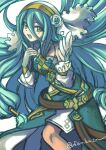  1girl aqua_hair azura_(fire_emblem) azura_(resplendent)_(fire_emblem) dress fire_emblem fire_emblem_fates full_body hair_between_eyes long_bangs long_hair looking_at_viewer official_alternate_costume open_mouth solo sorakaza teeth twitter_username upper_teeth_only veil very_long_hair yellow_eyes 