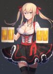  1girl alcohol barmaid beer beer_mug black_dress black_thighhighs blonde_hair blue_eyes blush breasts circle_skirt cleavage collarbone corset cowboy_shot cross cup dirndl dress floating_hair frilled_dress frills german_clothes graf_zeppelin_(kancolle) grey_background hair_between_eyes hair_ribbon highres holding holding_cup iron_cross jewelry kantai_collection kasumi_(skchkko) large_breasts long_hair looking_at_viewer mug necklace oktoberfest parted_lips red_ribbon ribbon short_dress sidelocks solo standing thighhighs twintails two-tone_dress underbust white_corset white_dress zettai_ryouiki 