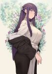  1girl absurdres black_coat blush breasts coat dress fern_(sousou_no_frieren) flower hair_ornament half_updo highres large_breasts long_hair long_sleeves looking_at_viewer off_shoulder purple_eyes purple_hair sidelocks solo sousou_no_frieren tokopi white_dress 