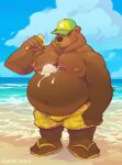  2023 anthro beach bear belly big_belly bottomwear brown_body clothing cloud dessert food footwear gentil_lezard hat headgear headwear humanoid_hands ice_cream male mammal moobs nipples outside overweight overweight_male sandals seaside shorts solo swimwear water 