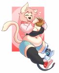  2023 amputee anthro belly big_breasts breasts burger capri cleavage clothed clothing digital_media_(artwork) disability domestic_cat doxxyl eating eating_burger eating_food eyes_closed felid feline felis female food footwear fur hair hi_res holding_object huge_breasts mammal one_shoe_on open_mouth pink_hair prosthetic slightly_chubby solo thick_thighs tongue topwear 
