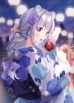  1girl :d animal_ear_fluff animal_ears arm_behind_head blue_bow blurry blurry_background bow braid candy_apple cloud commentary_request depth_of_field floral_print flower food hair_flower hair_ornament hairclip hands_up highres holding holding_food irori japanese_clothes kimono lantern long_hair long_sleeves looking_at_viewer looking_to_the_side night night_sky obi original outdoors paper_lantern print_kimono purple_eyes purple_flower sash single_braid sky smile solo striped striped_bow white_kimono wide_sleeves x_hair_ornament yukata 