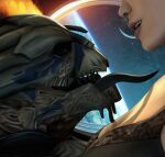  alien bigl1463 duo female female_shepard garrus_vakarian hi_res human imminent_kiss long_tongue male male/female mammal mass_effect open_mouth scar sharp_teeth space teeth tongue tongue_out turian visor 