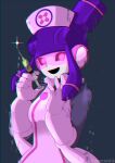  0xced3 1girl blue_hair colored_sclera commentary_request hat highres holding holding_syringe looking_at_viewer meddy.exe_(mega_man) nurse_cap purple_sclera sidelocks simple_background smile solo syringe 
