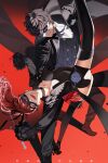  1boy 1girl absurdres amamiya_ren black_hair black_jacket black_leotard black_mask breasts cleavage dancing gloves hair_between_eyes hair_ribbon highres jacket langgu8531 leotard long_hair long_sleeves looking_at_viewer mask masked open_mouth pants persona persona_5 persona_5_the_royal ponytail red_eyes red_gloves red_hair ribbon short_hair smile solo thighhighs yoshizawa_kasumi 