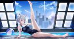  1girl animal_ear_fluff animal_ears ball barefoot beachball black_one-piece_swimsuit blue_archive blue_eyes blue_sky breasts cityscape cloud commentary competition_swimsuit covered_navel cross_hair_ornament day extra_ears grey_hair hair_ornament halo highres indoors leg_up looking_at_viewer low_ponytail lying medium_breasts medium_hair mismatched_pupils multicolored_clothes multicolored_swimsuit official_alternate_costume on_side one-piece_swimsuit pool rancidronin shiroko_(blue_archive) shiroko_(swimsuit)_(blue_archive) sky solo swimsuit window wolf_ears 