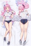  1girl angel_wings ass bed_sheet black_scrunchie blue_archive blush bow breasts buruma dakimakura_(medium) feathered_wings frilled_ribbon frills from_above full_body gym_uniform hair_bun halo highres large_breasts long_hair low_wings lying matrix16 mika_(blue_archive) multiple_views on_back pink_hair ribbon scrunchie see-through single_side_bun smile very_long_hair white_wings wings yellow_eyes 