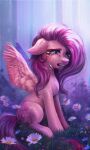  2023 absurd_res bananitryi blue_eyes bodily_fluids crying cutie_mark digital_media_(artwork) ears_down equid equine feathers female feral flower fluttershy_(mlp) friendship_is_magic fur grass hair hasbro hi_res long_hair mammal my_little_pony pegasus pink_hair pink_tail pivoted_ears plant sitting solo tail tears teeth wings yellow_body yellow_feathers yellow_fur 