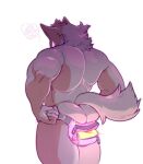  alpha_channel anthro butt canid canine canis fanny_pack floatiesoda fur glittering_clothing glowing glowing_eyes male mammal muscular muscular_male purple_body purple_eyes purple_fur rear_view solo were werecanid werecanine werewolf wolf 