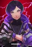  1girl collar colored_tips crossed_arms eyeshadow fingerless_gloves gloves gradient_hair highres hood hooded_jacket its_just_suppi jacket makeup multicolored_clothes multicolored_hair multicolored_jacket nose partially_unzipped purple_eyes purple_hair purple_jacket reina_(tekken) short_hair smile solo tekken tekken_8 two-tone_jacket upper_body 