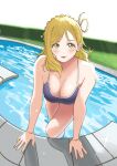  1girl :p arm_support bare_shoulders blonde_hair blush braid breasts cleavage commentary_request crown_braid dunchy hair_rings highres large_breasts looking_at_viewer love_live! love_live!_sunshine!! ohara_mari pool school_swimsuit solo swimsuit tongue tongue_out water yellow_eyes 