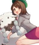  1girl :d absurdres blush bob_cut brown_eyes brown_hair cardigan commentary_request dress eyelashes gloria_(pokemon) green_headwear grey_cardigan happy hat highres holding holding_pokemon hood hood_down hooded_cardigan open_mouth pokemon pokemon_(creature) pokemon_(game) pokemon_swsh short_hair simple_background smile tam_o&#039;_shanter white_background wooloo ziro_(zirorong) 