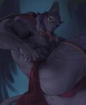  1boy abs animal_ears ass bara bulge cape come_hither driedwarek feathered_wings from_below furry furry_male grey_fur jaguar_boy jaguar_ears jaguar_tail large_pectorals male_focus mature_male muscular muscular_male nipples one_eye_covered pectorals pelvic_curtain red_cape seductive_smile smile solo stomach tail tezcatlipoca_(housamo) thick_eyebrows thick_thighs thighs tokyo_afterschool_summoners undressing unfinished wings 