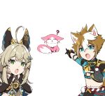  1boy 1girl :o ? ahoge animal_ear_fluff animal_ears animalization armor black_gloves blue_eyes brown_hair cat_ears cat_girl commentary_request detached_sleeves dog_boy dog_ears elbow_gloves fingerless_gloves fox genshin_impact gloves gorou_(genshin_impact) green_eyes hair_between_eyes hair_ornament hairclip hands_on_own_cheeks hands_on_own_face highres japanese_armor japanese_clothes kirara_(genshin_impact) kurisuu101 long_hair looking_at_viewer meme midriff multicolored_hair navel pink_fur pointing ponytail rope shimenawa short_sleeves shoulder_armor sidelocks simple_background star_(symbol) star_hair_ornament stomach streaked_hair two-tone_hair two_soyjaks_pointing_(meme) white_background wide_sleeves yae_miko yae_miko_(fox) 