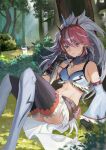  1girl arknights bare_shoulders black_gloves blue_eyes breasts brown_hair cleavage commentary_request crop_top dagger detached_sleeves feet_out_of_frame forest gloves highres holding holding_dagger holding_knife holding_weapon horns kirin_x_yato_(arknights) knees_up knife long_sleeves longyu_(17767756) looking_at_viewer medium_breasts midriff monster_hunter_(series) nature navel outdoors reverse_grip sitting solo stomach thighhighs thighs weapon yato_(arknights) 