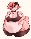  anthro belly belly_grab big_breasts blue_sclera breasts clothed clothing collar fangs female fruitsloops hair hand_on_stomach hi_res horn kobold legwear looking_at_viewer navel non-mammal_breasts overweight overweight_anthro overweight_female pink_body pink_hair pink_scales pink_tail scales scalie simple_background solo stockings tail teeth white_background 