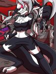  angry anthro canid canid_demon clothing demon female grey_hair gun hair hellhound helluva_boss hi_res legwear loona_(helluva_boss) mammal melee_weapon midriff navel outside ranged_weapon red_eyes solo teeth thelordoflemonz thigh_highs weapon 
