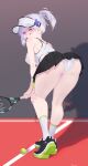  1girl absurdres ass bent_over black_skirt blush breasts eonsang from_behind full_body girls&#039;_frontline green_eyes grey_hair highres hk416_(girls&#039;_frontline) holding_tennis_racket large_breasts looking_at_viewer looking_back open_mouth panties pleated_skirt ponytail shoes skirt sneakers socks solo sports_bra standing teeth underwear white_panties white_socks white_sports_bra 