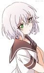  1girl brown_sailor_collar closed_mouth green_eyes hair_between_eyes highres ikeda_chizuru looking_at_viewer nanamori_school_uniform nnn_yryr sailor_collar school_uniform shirt short_hair short_sleeves simple_background solo twitter_username v-shaped_eyebrows white_background white_hair white_shirt yuru_yuri 