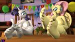  3d_(artwork) 5_toes absurd_res anthro balloon birthday breasts chair crossed_ankles digital_media_(artwork) duo english_text equid equine feet feet_up female fluttershy_(mlp) foot_focus friendship_is_magic furniture hasbro hi_res horn humanoid_feet inflatable looking_at_viewer mammal my_little_pony nipples nude pegasus plantigrade rarity_(mlp) shadowboltsfm sitting text toes unicorn wings 