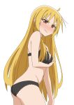  1girl absurdres ahoge ass black_bra black_panties blonde_hair blush bocchi_the_rock! bra breasts embarrassed highres ijichi_seika long_hair panties red_eyes simple_background solo thundradrawings underwear underwear_only upper_body v-shaped_eyebrows wavy_mouth white_background 