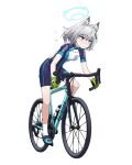  1girl animal_ear_fluff animal_ears artpatient bicycle blue_archive blue_eyes blue_halo bodysuit breasts closed_mouth commentary cross_hair_ornament cycling_uniform english_commentary full_body gloves green_gloves hair_ornament halo halterneck highres official_alternate_costume shiroko_(blue_archive) shiroko_(cycling)_(blue_archive) short_hair simple_background small_breasts socks solo white_background white_socks 