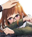  1boy 1girl amamiya_ren arm_rest averting_eyes blush fur-trimmed_jacket fur_trim glasses green_jacket hand_on_another&#039;s_head headpat highres jacket orange_hair persona persona_5 plaid pppppknw purple_eyes sakura_futaba school_uniform shuujin_academy_school_uniform simple_background solo_focus twitter_username white_background 