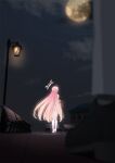  1girl ahoge bench blue_archive braid commentary_request cyelho from_behind full_body full_moon halo hanako_(blue_archive) long_hair moon night outdoors pink_hair pink_halo single_braid solo standing 