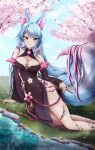  1girl animal_ear_fluff animal_ears black_kimono black_sleeves blue_eyes blue_hair blue_sky blue_tail blush breasts cherry_blossoms cleavage cleavage_cutout clothing_cutout detached_sleeves flower hair_flower hair_ornament highres hip_vent japanese_clothes kimono large_breasts long_hair looking_at_viewer multicolored_hair nail_polish navel_cutout pink_flower pink_hair pink_nails pink_tail silvervale sky sleepycake smile solo streaked_hair swept_bangs tail virtual_youtuber vshojo wolf_ears wolf_girl wolf_tail 