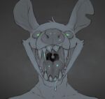  anthro bodily_fluids crimetxt didelphid dripping front_view fylk green_eyes headshot_portrait hi_res looking_at_viewer male mammal marsupial mouth_shot notched_ear open_mouth portrait saliva saliva_drip saliva_string sharp_teeth simple_background smile solo teeth tongue uvula virginia_opossum 