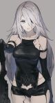  1girl absurdres android bare_shoulders black_gloves blue_eyes breasts cracked_skin elbow_gloves fubuki_(fakemonkey0224) gloves grey_hair hair_over_one_eye highres holding holding_sword holding_weapon long_hair mole mole_under_mouth nier:automata nier_(series) short_shorts shorts solo sword weapon yorha_type_a_no._2 