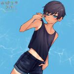  1boy :p bad_source black_hair black_tank_top blue_background blue_eyes blush collarbone cowboy_shot denim denim_shorts highres koichi_makoto looking_at_viewer male_focus navel original short_hair shorts solo sweat tan tank_top tanlines tongue tongue_out water 