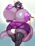  absurd_res angstrom anthro areola big_areola big_breasts big_bulge big_penis black_hair bottomwear breasts bulge choker clothing coffee_cup container cup dragon genitals gynomorph hair hi_res highlights_(coloring) horn huge_areola huge_breasts huge_bulge huge_penis hyper hyper_breasts hyper_bulge hyper_genitalia hyper_penis intersex jewelry legwear looking_at_viewer midriff necklace nipple_piercing nipples penis piercing purple_clothing purple_highlights purple_nipples skirt smile solo spiked_tail spikes spikes_(anatomy) tail thigh_highs undressing 