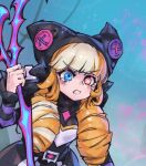  1girl angry animal_ears black_dress black_headwear blonde_hair blue_eyes brown_hair cat_ears clenched_teeth dress drill_hair fake_animal_ears gradient_background green_background gwen_(league_of_legends) heterochromia holding holding_scissors league_of_legends multicolored_clothes multicolored_dress phantom_ix_row red_eyes scissors solo soul_fighter_gwen striped_sleeves tearing_up teeth twin_drills twintails white_dress 