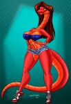  2017 anthro big_breasts boots bottomwear bra breasts brown_hair clothed clothing female footwear hair high_heels jilo long_hair long_neck long_tail looking_at_viewer reptile ruby_(nutjobgto) scalie shorts signature simple_background snake solo tail thick_thighs underwear 
