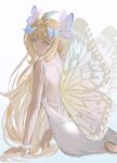  1girl ahoge blonde_hair blue_eyes butterfly_hair_ornament butterfly_wings dress enna_alouette fairy_wings gradient_hair hair_ornament highres long_hair multicolored_hair nijisanji nijisanji_en pearl_(pe4rrrrrl) purple_eyes solo very_long_hair virtual_youtuber white_dress wings 