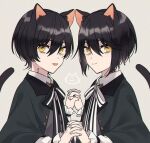  2boys animal_ears bad_id bad_pixiv_id black_capelet black_hair brothers capelet cat_boy cat_ears cat_tail closed_mouth holding_hands kashiko_(coupy) long_sleeves looking_at_viewer mahoutsukai_no_yakusoku male_focus multiple_boys shirt siblings smile snow_(mahoutsukai_no_yakusoku) tail tongue tongue_out twins white_(mahoutsukai_no_yakusoku) white_shirt 