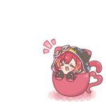  &gt;_&lt; 1girl :3 :d blush chibi closed_eyes cup highres hood hoodie long_sleeves mitarashi_neko nekota_tsuna open_mouth red_hair smile solo tail teacup virtual_youtuber vspo! white_background 