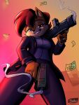  2023 anthro archie_comics blue_eyes breasts brown_body brown_fur chipmunk clothed clothing currency female fur grin ground_squirrel gun hair handgun hi_res low-angle_view mammal missile_launcher pistol ranged_weapon red_hair rodent sally_acorn sciurid sega shieltar smile solo sonic_the_hedgehog_(archie) sonic_the_hedgehog_(comics) sonic_the_hedgehog_(series) weapon 