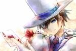  1boy ace_of_hearts between_fingers bird blue_eyes brown_hair dove flower_in_mouth gloves hat heart holding kaitou_kid kuroba_kaito magic_kaito male_focus monocle necktie okame_miko red_necktie short_hair smile solo top_hat white_background white_bird white_gloves white_headwear 